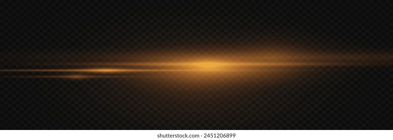 Golden line of speed and light. Horizontal flare, glowing effect. On a transparent background.
