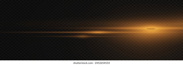 Golden line of speed and light. Horizontal flare, glowing effect. On a transparent background.	

