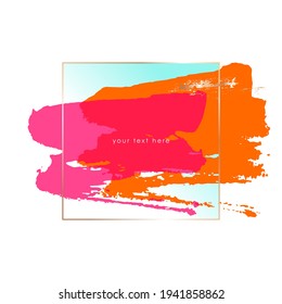 Goldener Linienrahmen, violette, rote, orangefarbene Flecken und goldene Bashmarken auf weißem Hintergrund. Vektordesign-Vorlage für Karte, Abdeckung, Poster. 