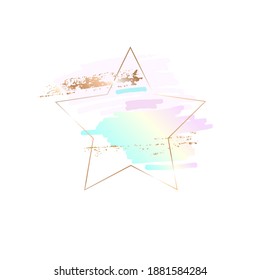 Golden line star with pastel colors and golden brush strokes on a white background. Icon. Vector design template for card, cover, poster, logo. 