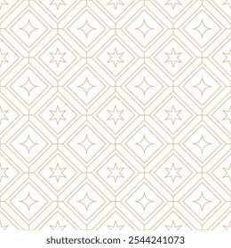 Golden line stars on white background seamless pattern. Festive geometric linear diamond pattern tile texture. Abstract luxurious fine line light background. Christmas wrapping packaging design.