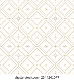 Golden line stars on white background seamless pattern. Festive geometric linear diamond pattern texture. Abstract luxurious fine line light texture background. Christmas wrapping packaging design.