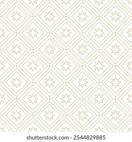 Estrelas de linha dourada em fundo branco padrão sem costura. Textura de azulejo de padrão de diamante linear geométrico festivo. Resumo luxuoso fundo de linha fina. Design de embalagem de embrulho de presente de Natal.