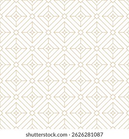 Golden line stars on white background seamless pattern. Festive geometric linear diamond pattern. Abstract luxurious fine line tile background. Christmas gift wrapping diamond grid design.