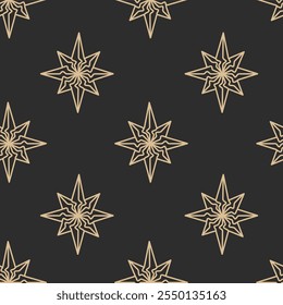 Golden Line Stars Seamless Pattern. Starry swirl Black background. Celestial Magical Occult Esoteric Sacred Spiritual Wallpaper. Repeat vector illustration