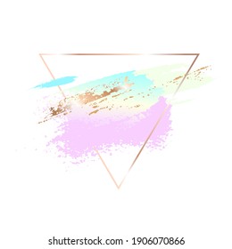 Golden line triangle, colors and golden hand drawn stains, brush strokes on a white background. Vector design template for invitation, cover, poster.