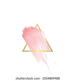 Marco triangular de línea dorada con trazos de pincel rosa, sobre un fondo blanco. Icono. Plantilla de diseño de vectores para banner, tarjeta, portada, afiche, logotipo.