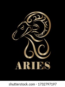 Golden line vector logo of sheep head. It is sign of Aries zodiac.