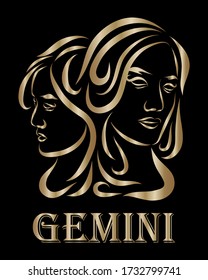 Golden line vector logo of twin women. It is sign of gemini zodiac.