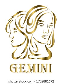 Golden Line Vector Logo Of Twin Women. It Is Sign Of Gemini Zodiac.