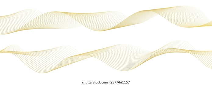 Golden line wave, abstract wavy curves, luxury flow art ribbons, elegant decoration isolated on white.