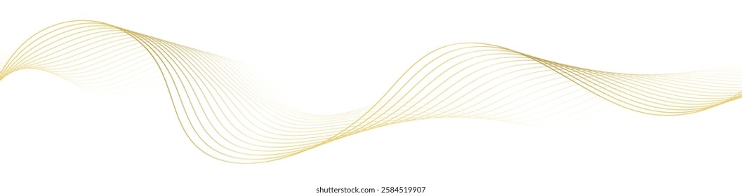 Golden line wave, abstract wavy curves, luxury flow art ribbons, elegant decoration isolated on white.