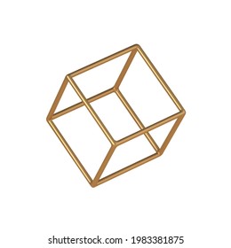 Golden linear 3d cube vector template. Geometric design piece with graphic perspective for creative digital interiors. Abstract box in modern sculpting style for engineering modeling.