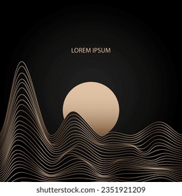 Montañas abstractas de oro sobre fondo oscuro, sobre colinas lineales onduladas sobre fondo. Motivos asiáticos. Cartel del vector.