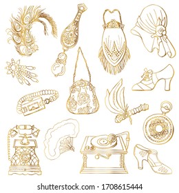 Golden linear art deco style set. Vintage things of 1920. Clock, brooch, medallion, peacock feather, headpiece, handbag, hat, sandals, shoes, fan, earrings, Retro telephone and gramophone. 