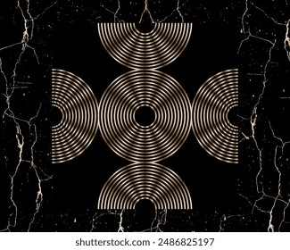 Goldene lineare Kreise eines Regenbogenbogens auf schwarzem Marmorhintergrund. Vektorgrafik Ästhetischer Boho-Stil. Moderne Wandkunst-Vorlage.