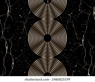 Golden linear circles of a rainbow arch on a black marble background. Vector aesthetic boho style. Modern wall art template.