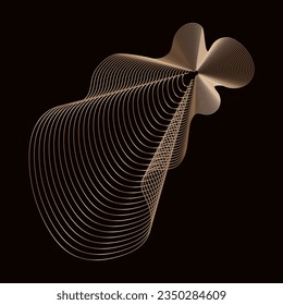 Golden linear design element on dark background, abstract geometric shape of golden wavy lines. Vector object isolated on black.