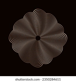 Elemento de diseño lineal dorado sobre fondo oscuro, forma geométrica abstracta de líneas onduladas doradas. Objeto vectorial aislado en negro.