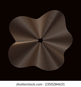 Golden linear design element on dark background, abstract geometric shape of golden wavy lines. Vector object isolated on black.