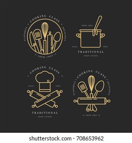 Golden linear design elements, set of kitchen emblems, symbols, icons or food studio labels and badges collection. Cooking courses signs template or logo, identity, culinary school.