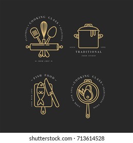 Golden linear design elements, set of kitchen emblems, symbols, icons or food studio labels and badges collection. Cooking courses signs template or logo, identity, culinary school.