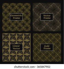Golden linear frame. Set of four monochrome geometrical frame on black background. Luxury design for labels, business cards, invitations. Vector illustration.