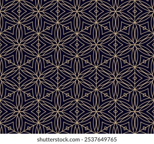 Golden linear geometric seamless pattern with floral silhouettes, leaves, hexagonal grid, thin curved lines. Black and gold abstract texture. Vector ornamental background. Repeating luxury geo design