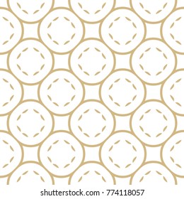 Golden linear geometric vector seamless pattern. Ornamental texture with delicate rounded grid, circles, curved lines. Abstract gold and white background. Subtle design for textile, decoration, covers