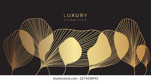 Golden linear ginkgo biloba leaves on black background. Japanese style line art with branches. Botanical vector illustration for banner design. Luxury floral pattern