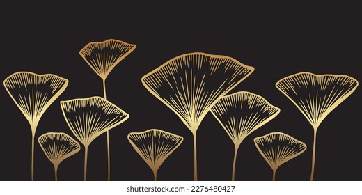 Golden linear ginkgo biloba leaves on black background. Japanese style line art with branches. Botanical vector illustration. Luxury floral pattern