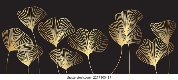 Golden linear ginkgo biloba leaves on black background. Japanese style line art with branches. Botanical vector illustration. Luxury floral pattern