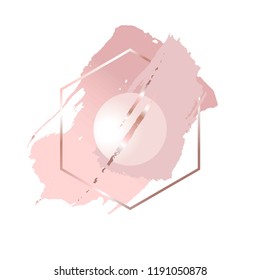 Golden linear hexagon, 3d ball, rose, pink brush strokes on a white background. Vector illustration.