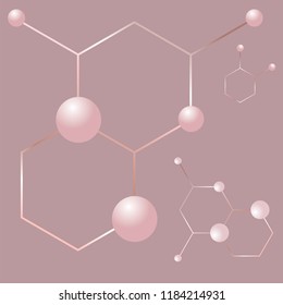 Golden linear hexagons and 3d balls on a dusty pink background.