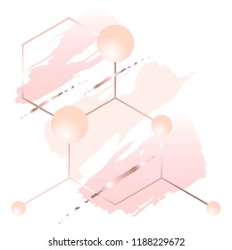 Golden linear hexagons, 3d balls, rose, nude gold brush strokes on a white background.