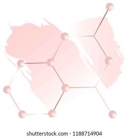 Golden linear hexagons, 3d balls, rose, nude gold brush strokes on a white background. Vector molecule.
