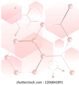 Hexágonos lineales dorados y bolas 3D, hexágonos de rosa y nude sobre un fondo blanco. Patrón sin fisuras.