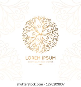 Golden linear leaf emblem. Elegant, classic vector. Can be used for jewelry, beauty and fashion industry. Great for logo, monogram, invitation, flyer, menu, brochure, background, or any desired idea