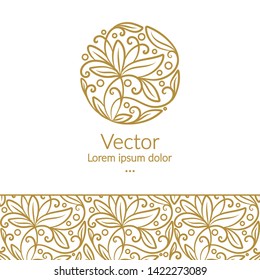 Golden linear leaf emblem. Elegant, classic vector. Can be used for jewelry, beauty and fashion industry. Great for logo, monogram, invitation, flyer, menu, brochure, background, or any desired idea.