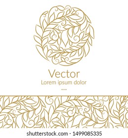 Golden linear leaf emblem. Elegant, classic vector. Can be used for jewelry, beauty and fashion industry. Great for logo, monogram, invitation, flyer, menu, brochure, background, or any desired idea.
