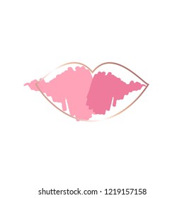 Golden linear lips, rose and pink brush strokes on a white background.