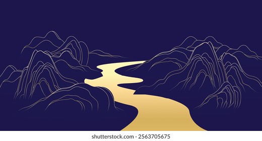 Golden linear oriental style river and mountain abstract