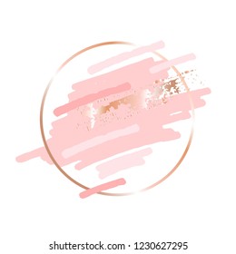 Golden linear round frame and pink peach gold brush strokes on a white background.