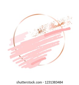 Golden linear round frame and pink peach gold brush strokes on a white background.