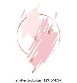 Golden linear round frame and pink peach gold brush strokes on a white background.