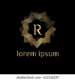 Golden linear star vector logo letter R