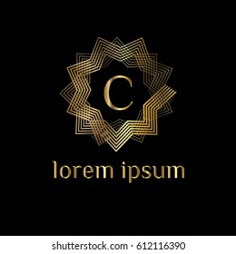 Golden linear star vector logo letter C