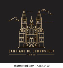 Golden line-art landmark icon of the Cathedral of Santiago de Compostela in Spain.