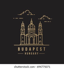 Golden line-art landmark icon of the St. Stephen Basilica in Budapest, Hungary