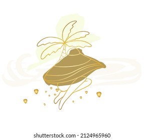 Golden liner abstract drawing, girl under a big hat, under a palm tree, coast, ocean, line logo.
